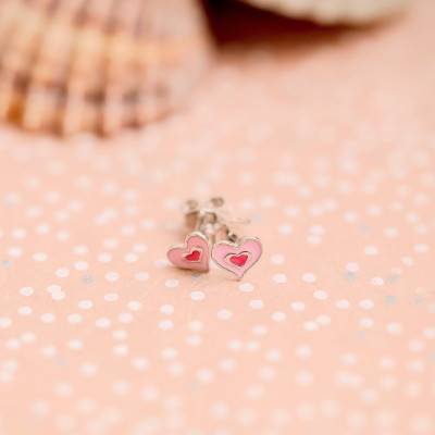 Boucles d'Oreilles Coeur Rose, Argent 925 et Email - Bambins