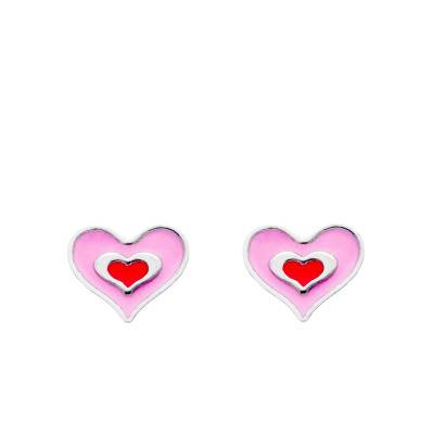 Boucles d'Oreilles Coeur Rose, Argent 925 et Email - Bambins