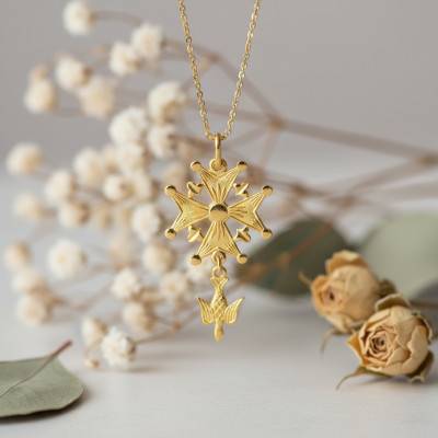 750/1000 Yellow Gold Huguenot Cross, 22 x 38 mm - Lucas Lucor