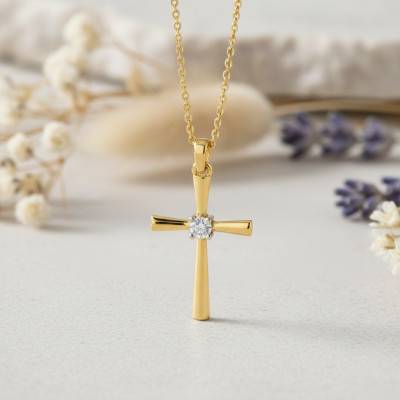 Pendentif Croix Diamant Solitaire 0,3 ct en Or Jaune 750 - Juweel
