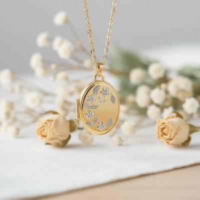 Pendentif Porte Photo Ovale Floral en 2 Ors 375 - Emanessence