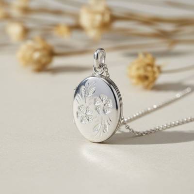 Pendentif Porte Photo Ovale Marguerites en Or Blanc 375 - Emanessence
