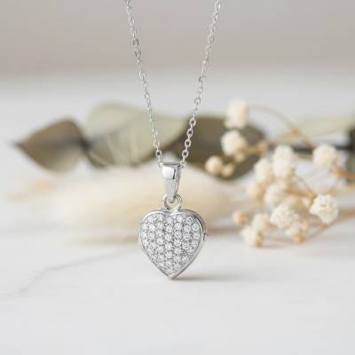 Pendentif Porte Photo Coeur en Or Blanc 375 & Zircones - Emanessence