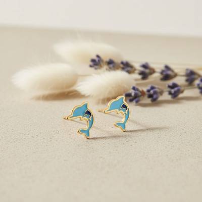 375 Yellow Gold & Blue Enamel Dolphin Stud Earrings - Bambins