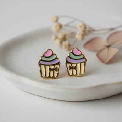 375 Yellow Gold & Enamel Cupcake Stud Earrings - Bambins