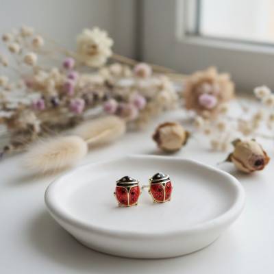375/1000 Yellow Gold & Enamel Ladybug Stud Earrings - Bambins
