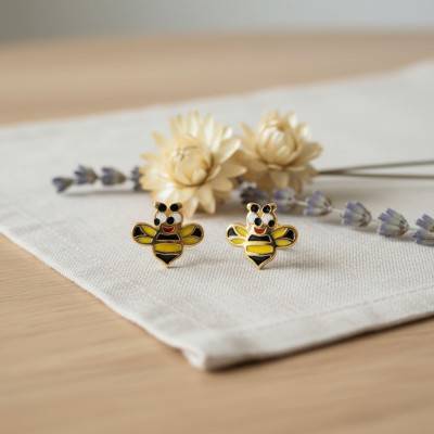 375 Yellow Gold Enamel Bee Stud Earrings - Bambins