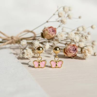 Boucles d'Oreilles Papillons en Or Jaune 375 & Émail Rose - Bambins