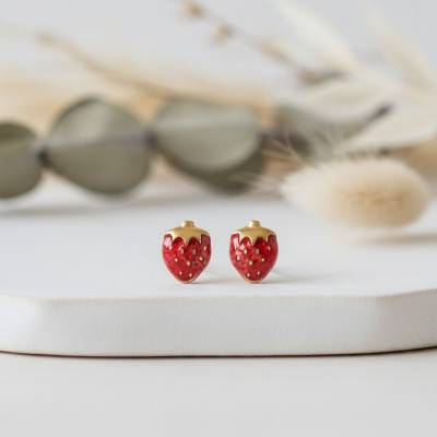 375 Yellow Gold & Enameled Strawberry Stud Earrings - Bambins