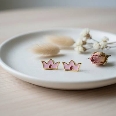 Pink Crown Kids Stud Earrings in 375/1000 Yellow Gold - Bambins