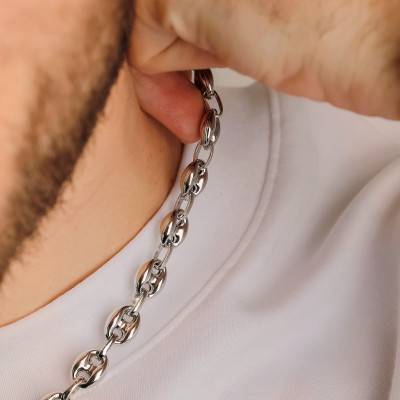 925 Silver Coffee Bean Chain, 60 cm Length, 9 mm Width - Manillon