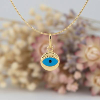 Blue Enamel Evil Eye Pendant & 375 Yellow Gold - Emanessence