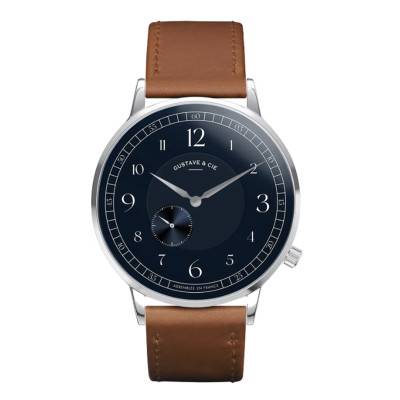 Montre 12H Hector Argent & Bleu Cuir Marron Havane Surpiqué 40mm - Gustave & Cie