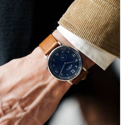 Montre 12H Hector Argent & Bleu Cuir Marron Havane Surpiqué 40mm - Gustave & Cie