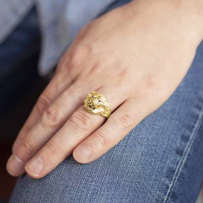 Yellow Gold-Plated Red-Eyed Lion Head Signet Ring - Imperium