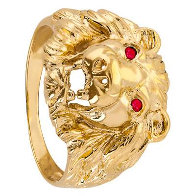 Yellow Gold-Plated Red-Eyed Lion Head Signet Ring - Imperium