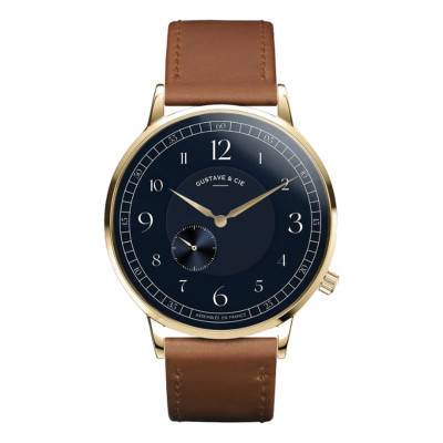 Montre 12H Hector Or & Bleu Cuir Marron Havane Surpiqué 40mm - Gustave & Cie