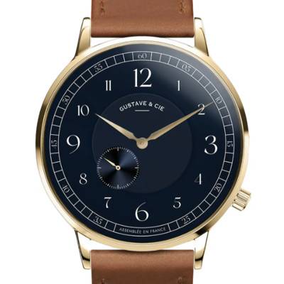 Montre 12H Hector Or & Bleu Cuir Marron Havane Surpiqué 40mm - Gustave & Cie