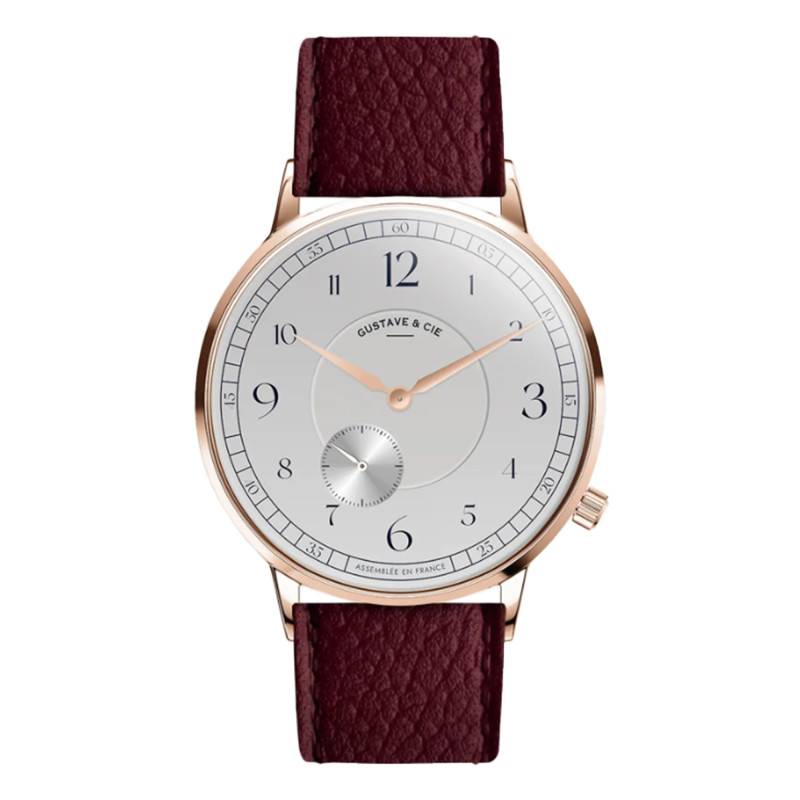 Hector Rose Gold & White Grained Bordeaux Leather 36mm 12H Watch - Gustave & Cie