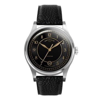 12H Charles Silver & Black 38mm Watch with Black Grained Leather Strap - Gustave & Cie