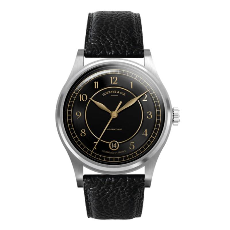 12H Charles Silver & Black 38mm Watch with Black Grained Leather Strap - Gustave & Cie