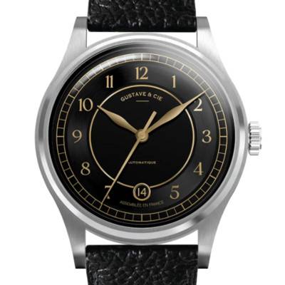 12H Charles Silver & Black 38mm Watch with Black Grained Leather Strap - Gustave & Cie
