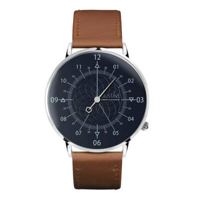 Montre 12H Louis Argent & Bleu Cuir Marron Havane Surpiqué 40mm - Gustave & Cie