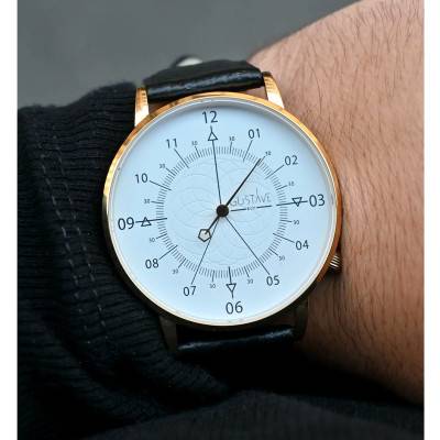 Gold & White 12H Louis Watch Grained Licorice Black Leather 36mm - Gustave & Cie