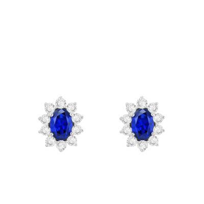Boucles d'Oreilles en Or Blanc 375 & 2 Saphirs de Synthèse Ovales et Halo de Zircones - Emanessence