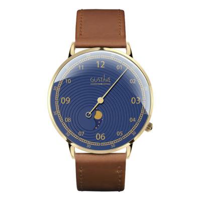 Watch 12H Georges Gold & Blue 40mm with Stitched Havana Brown Leather Strap - Gustave & Cie