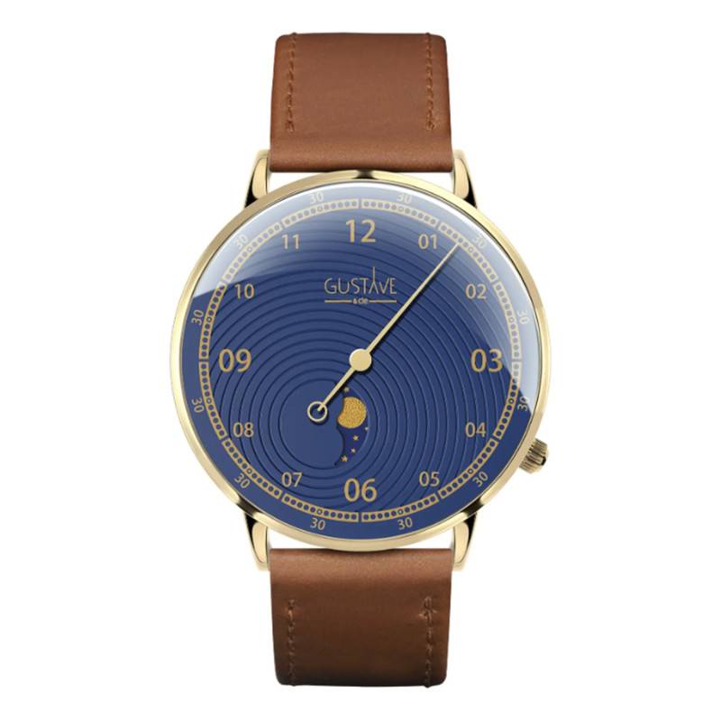Watch 12H Georges Gold & Blue 40mm with Stitched Havana Brown Leather Strap - Gustave & Cie