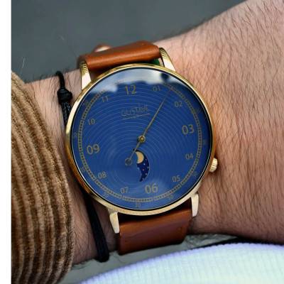 Watch 12H Georges Gold & Blue 40mm with Stitched Havana Brown Leather Strap - Gustave & Cie