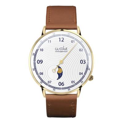 12H Georges Gold & White 40mm Havana Brown Stitched Leather Watch - Gustave & Cie