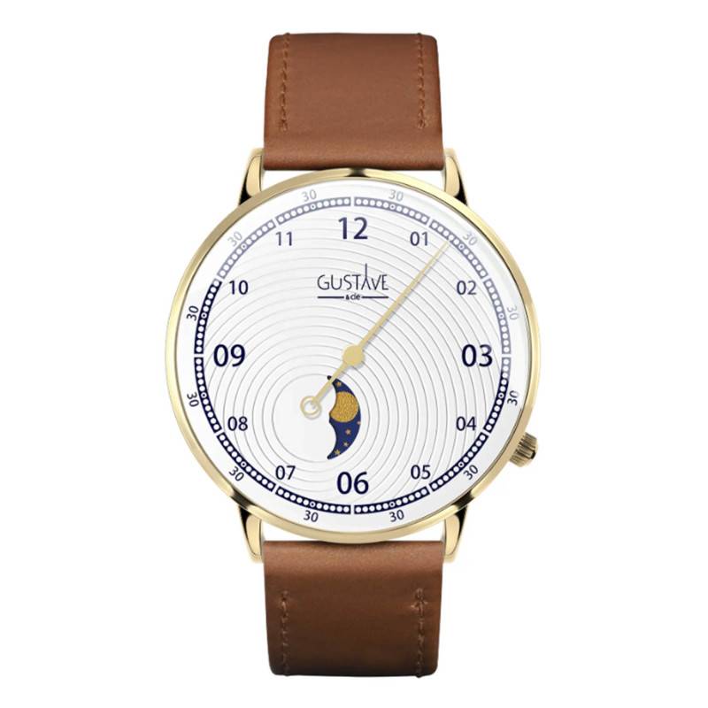 12H Georges Gold & White 40mm Havana Brown Stitched Leather Watch - Gustave & Cie
