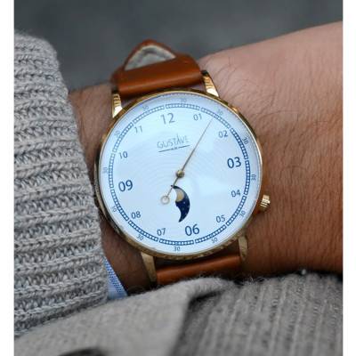 12H Georges Gold & White 40mm Havana Brown Stitched Leather Watch - Gustave & Cie