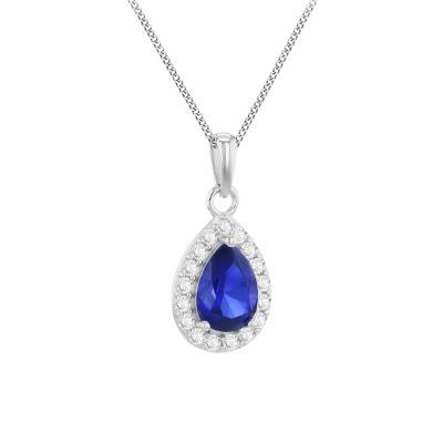 Pendentif Goutte en Or Blanc 375 & Saphir de Synthèse et Halo d'Oxydes de Zirconium - Emanessence