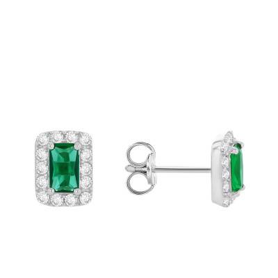 Boucles d'Oreilles en Or Blanc 375 & Halo de Zircones et 2 Emeraudes - Emanessence
