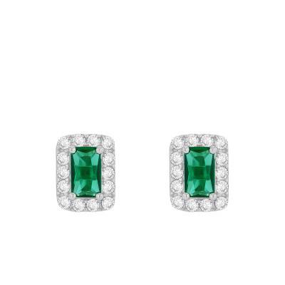 Boucles d'Oreilles en Or Blanc 375 & Halo de Zircones et 2 Emeraudes - Emanessence