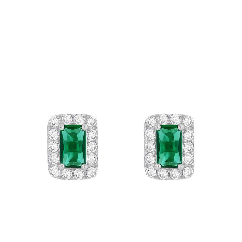 375/1000 White Gold, Zirconium Oxide Halo & 2 Emerald Earrings - Emanessence