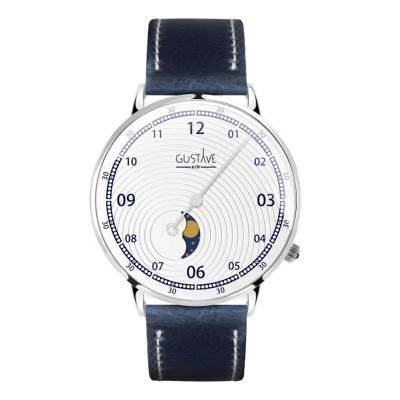 Georges 12H Watch Silver & White Blue Topstitched Vegan PU 40mm - Gustave & Cie