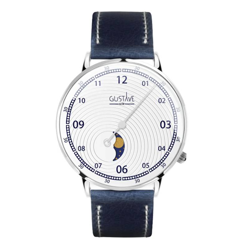 Georges 12H Watch Silver & White Blue Topstitched Vegan PU 40mm - Gustave & Cie