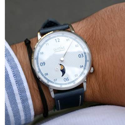 Georges 12H Watch Silver & White Blue Topstitched Vegan PU 40mm - Gustave & Cie
