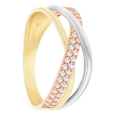 Bague Triple Anneaux en 3 Ors 375 & Zircones Blanches - Emanessence