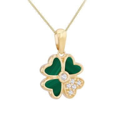 Pendentif Trèfle Malachite de Synthèse et Pierres Blanches en Or Jaune 375 - Emanessence