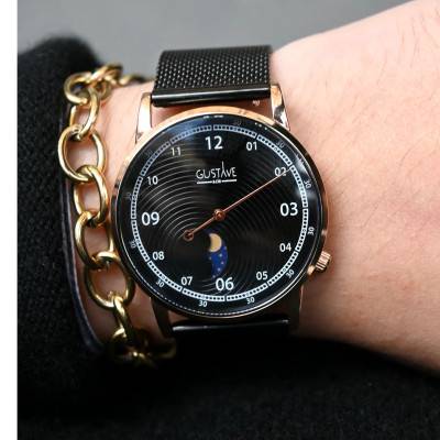 Montre 12H Georges Or Rose & Noir Milanais Noir 36mm - Gustave & Cie