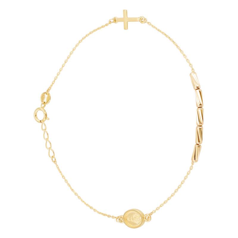375 Yellow Gold Miraculous Medal & Cross Bracelet, Adjustable Length 18 cm to 19 cm - Emanessence