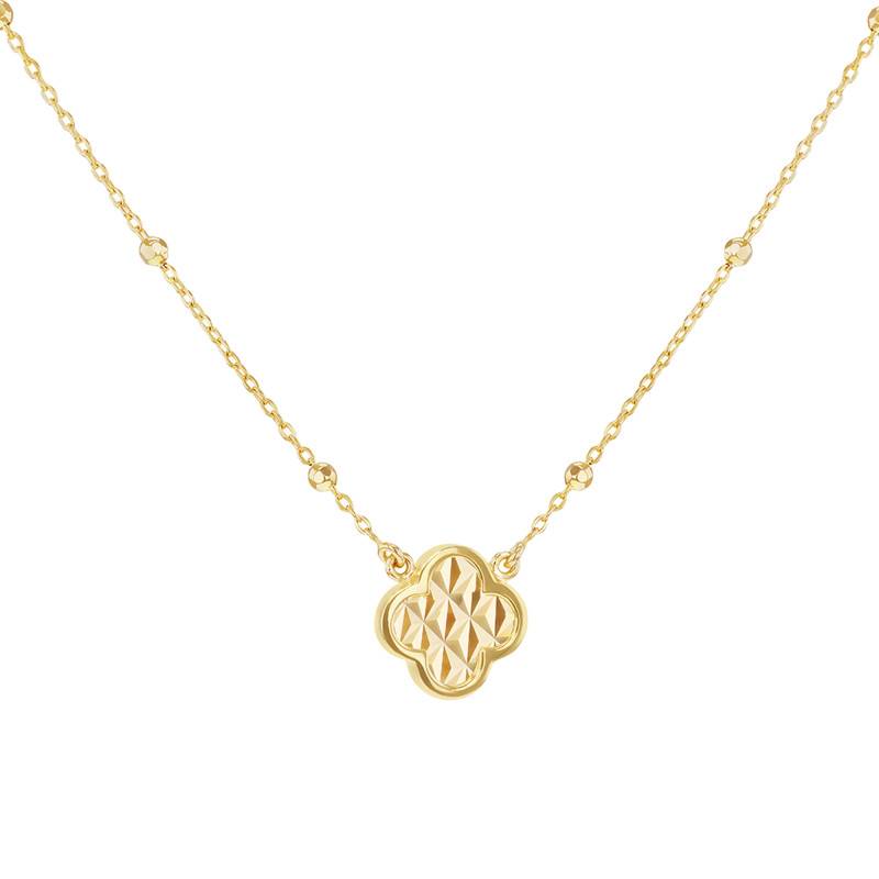 375 Yellow Gold Sparkling Clover Necklace, Adjustable Length 41 cm to 46 cm - Emanessence