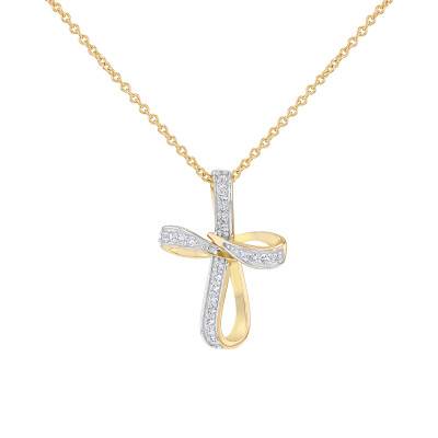 Collier Croix en Argent 925 Plaqué Or Jaune & Diamants de Synthèse 0,22 ct, Longueur 46 cm - Emanessence