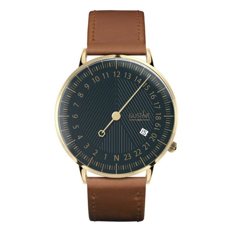 24H André Yellow Gold & Green Havana Brown Stitched Leather Watch 40mm - Gustave & Cie