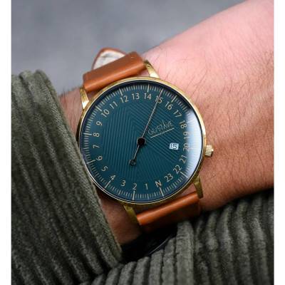 Montre 24H André Or & Vert Cuir Marron Havane Surpiqué 40mm - Gustave & Cie